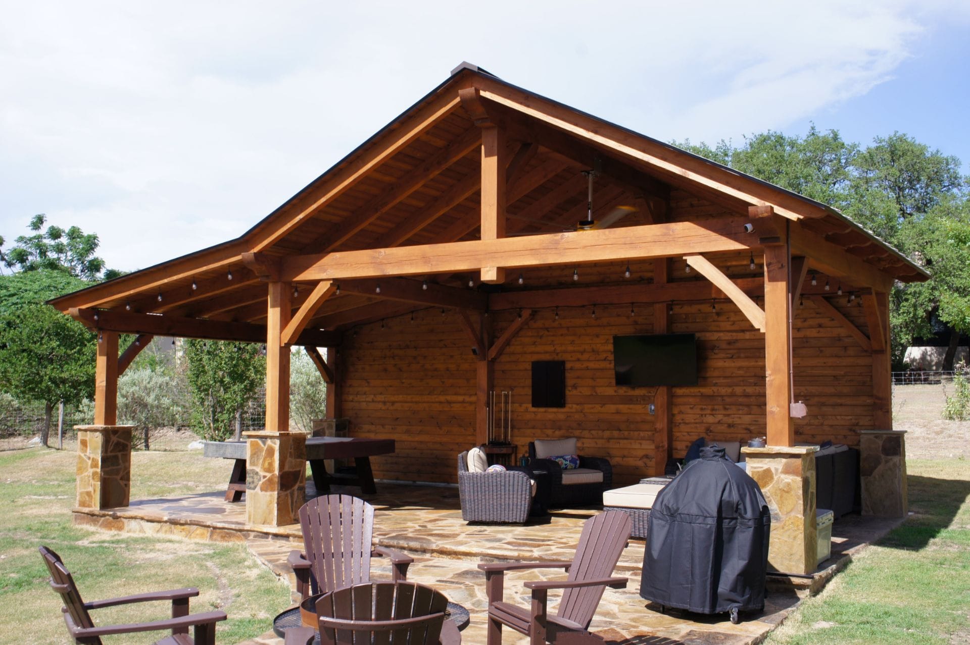 19×23 King Post Pavilion with 11.5 Lean To Oak colored Cover Timberwork 19x23 King Post Pavilion with 11.5 Lean To Oak colored Cover Timberwork