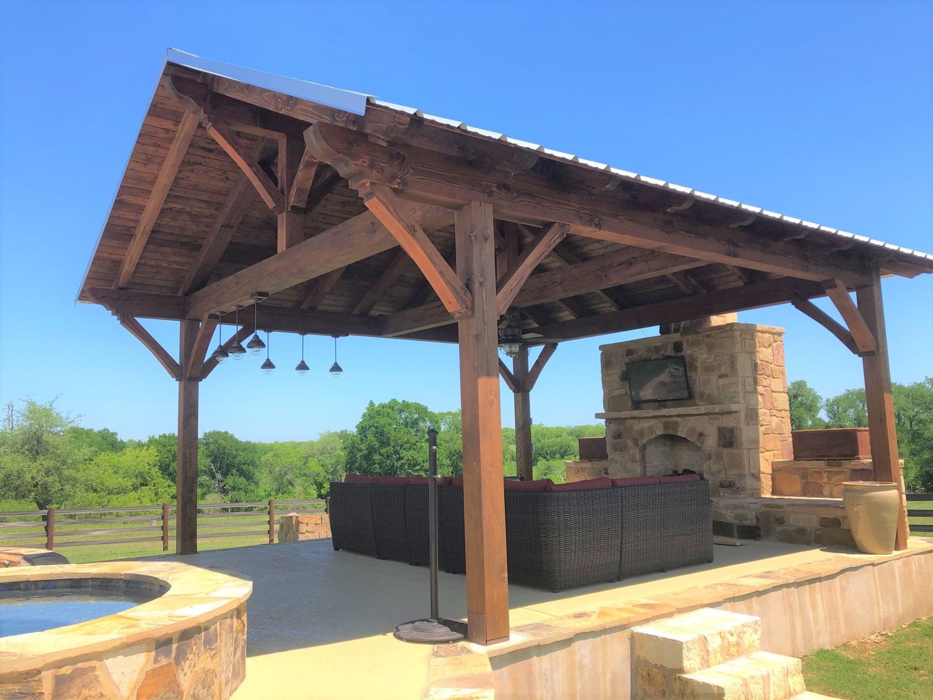22.5×25 King Post Half Hip Cantilever Pavilion Walnut color Cover Timberworks 22.5x25 King Post Half Hip Cantilever Pavilion Walnut color cover timberworks