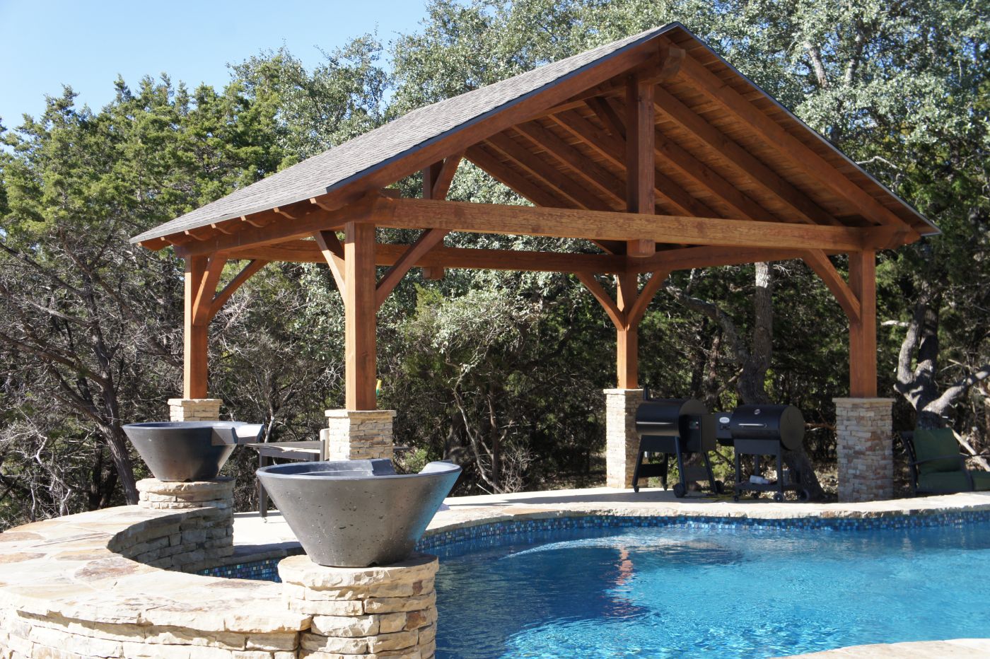 23 x 17, concrete or cement pad, patio furniture, kitchen or outdoor kitchen, barbecue or grill, residential, poolside or swimming pool, cabana, outdoor living, entertaining, pool house, shade structure, pavilion builder or pavilion contractor, pavilion kit, wood pavilion