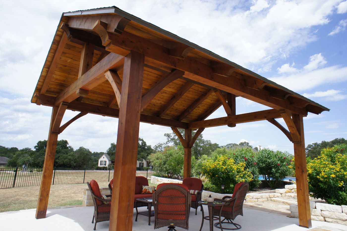 17’ x 19’, King Post, Heavy Timbers, Cement or concrete Pad, patio furniture, residential, covered patio, outdoor living, entertaining, builder/contractor, san Antonio, helotes, free standing pavilion, designs, post and beam