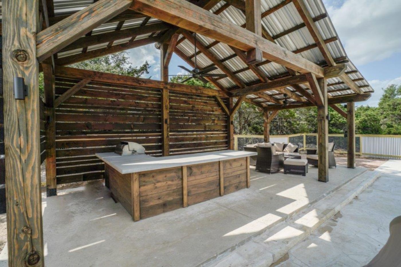 35x15, Austin, Outdoor Kitchen or kitchen, Standing seam metal roof or R Panel Metal Roof, Pavilion with Lean-To, Heavy Timbers, Outdoor Living, Patio Furniture, Poolside or Swimming pool, back wall, side wall, Pool House, Cabana, Free Standing Pavilion