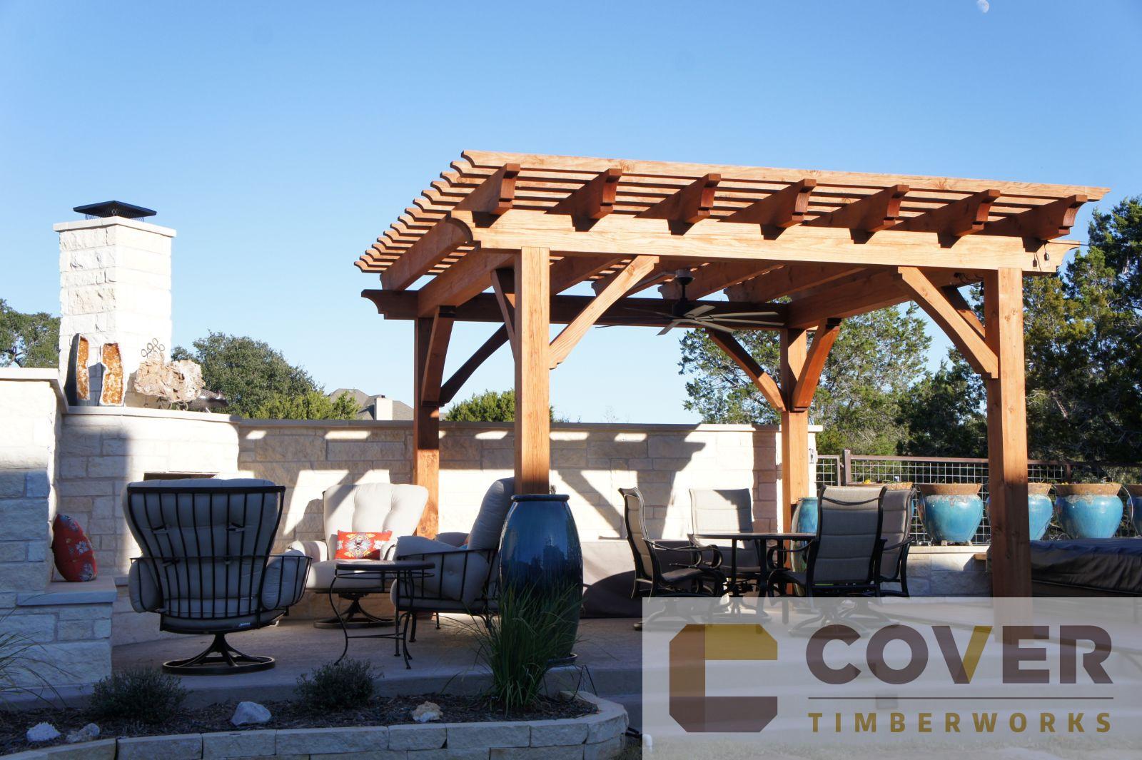 12x12, 15’ x 15’, Outdoor living, cement or concrete pad, patio furniture, residential, fire pit or fireplace, outdoor kitchen or kitchen, cabana, poolside or swimming pool, new Braunfels, entertaining, pergola kit, cedar pergola, free standing pergola