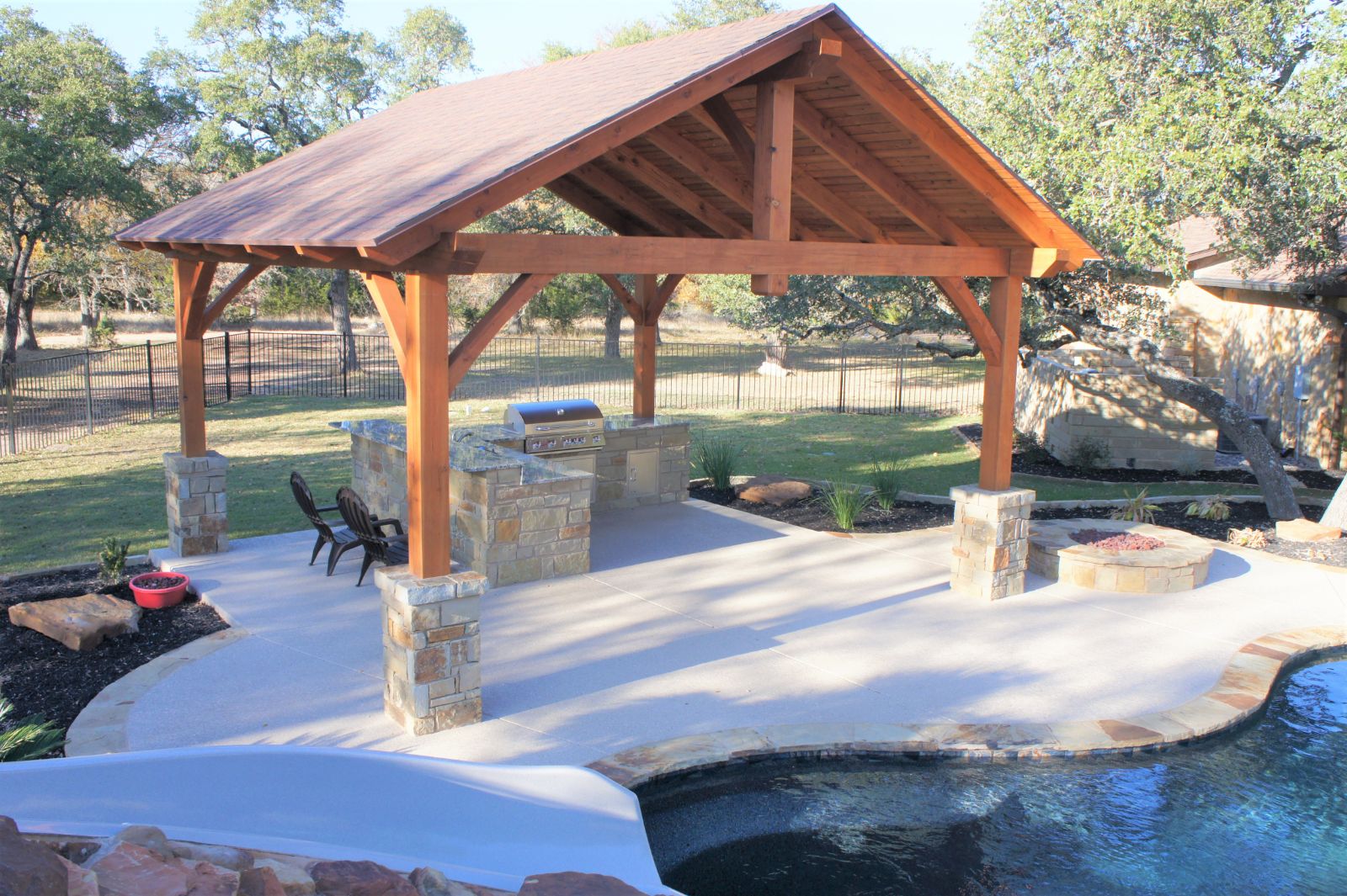 21x21, Heavy Timber, Cement or concrete pad, barbecue or grill, kitchen or outdoor kitchen, patio furniture, residential, cabana, outdoor living, entertaining, firepit or fireplace, pool house, Austin, dripping springs, free standing pavilion