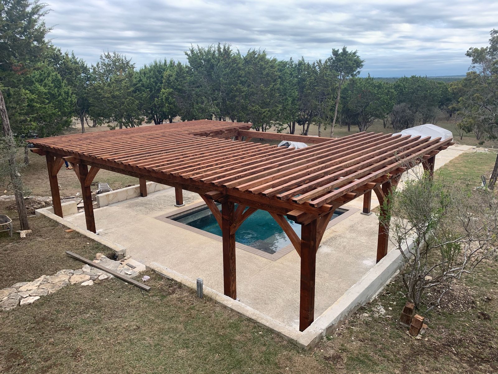 27’ x 37’, Custom Pergola, cedar pergola, douglas fir pergola, cement or concrete pad, residential, poolside or swimming pool, hot tub cover, cabana, outdoor living, entertaining, pergola kit, boerne, san antonio