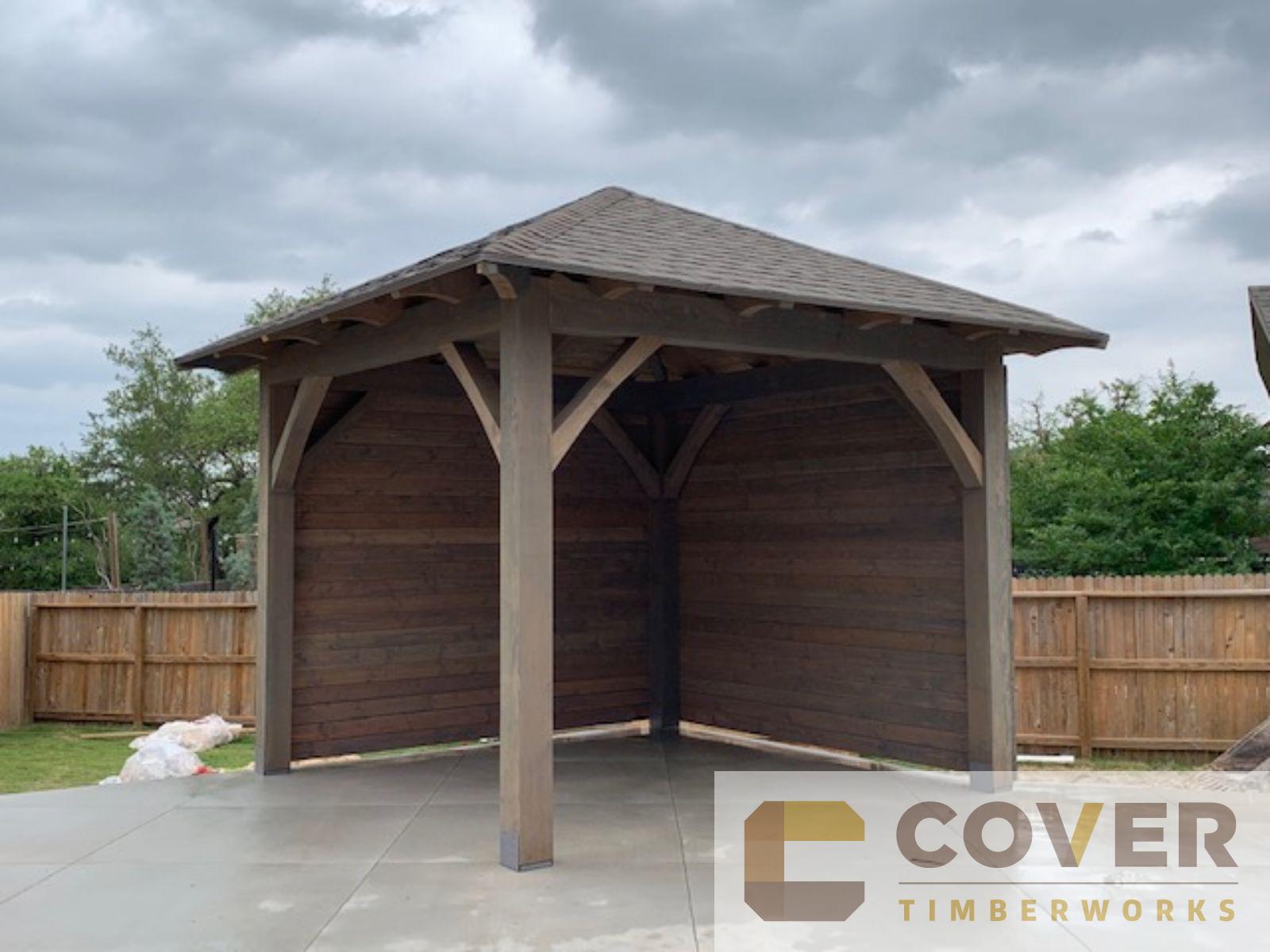 15x15, backwall, side wall, square pavilion, concrete or cement pad, residential, cement or concrete pad, garden structure, covered patio, outdoor living, entertaining, heavy timbers, San Antonio, cedar pavilion, douglas fir pavilion