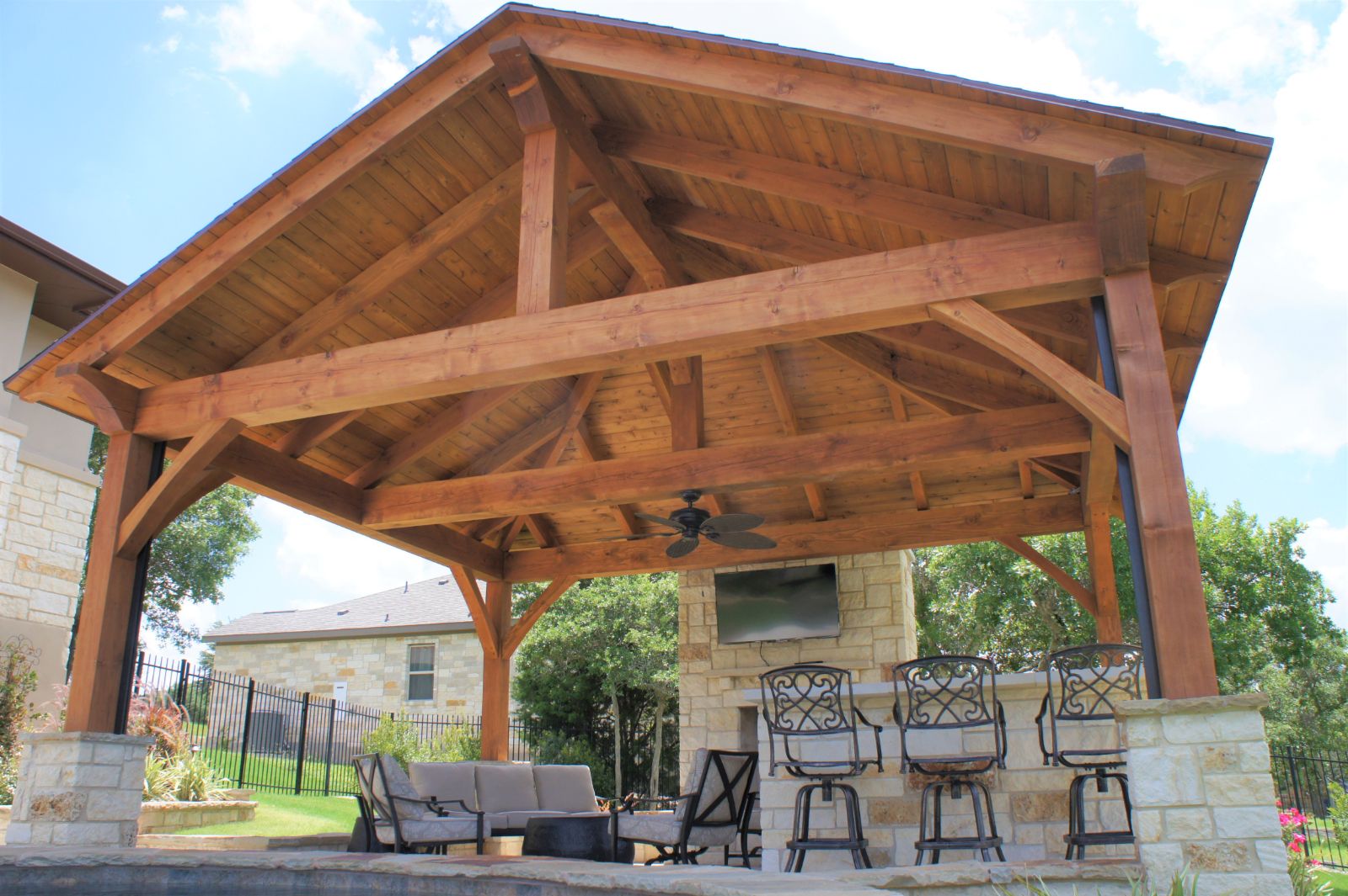 22x19, Leander, King Post Half Hip, Heavy Timbers, Kitchen or outdoor kitchen, outdoor living, covered patio, cabana, entertaining, garden structure, pavilion kit, pre fav, Austin, builder/contractor, pool house