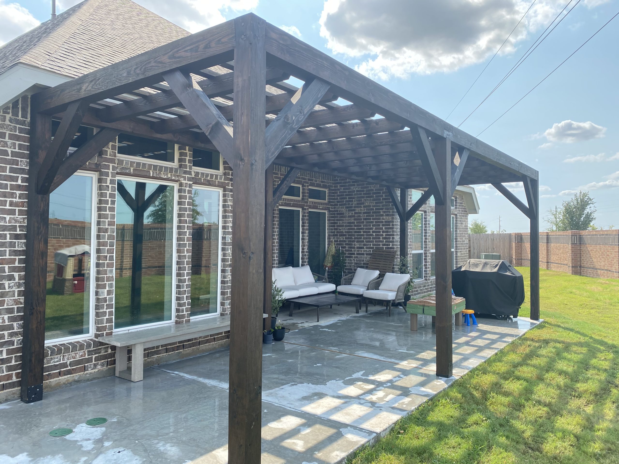 26x9, Modern, Pergola, 6 Posts, Patio Extension, Residential, Oversize, Barbeque or Grill, Patio Furniture, Concrete or Cement Pad, Houston, Katy, Douglas Fir, Cedar, Outdoor Living
