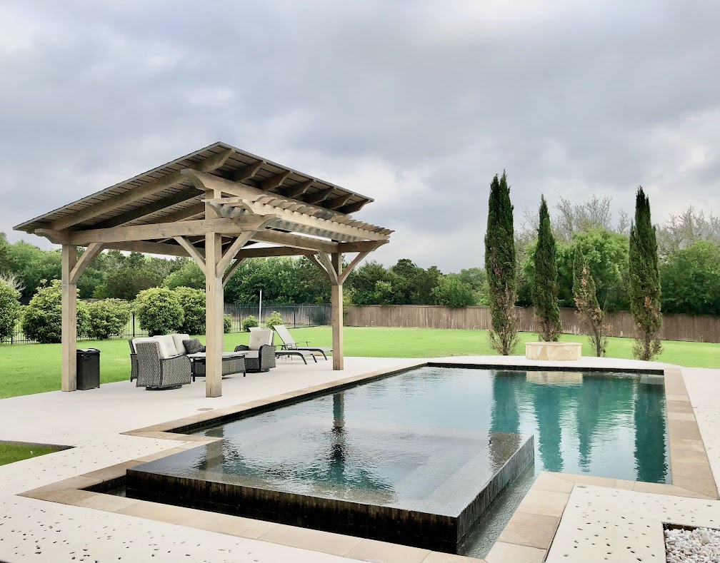 19x16, Contemporary, arbor, extension, outdoor, backyard, residential, patio furniture, pool or poolside, cement or concrete pad, cover, freestanding, San Antonio, Helotes, custom stain