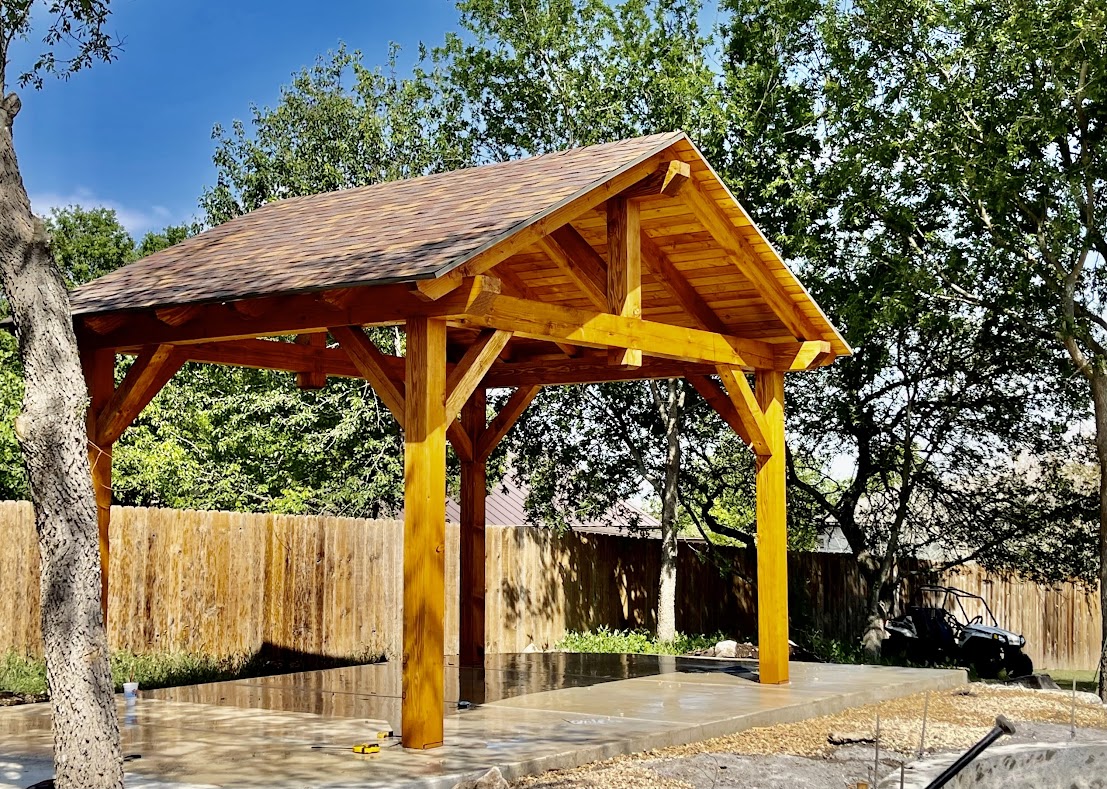 19x15, Concrete or Cement Pad, Residential, Cedar, Douglas Fir, Outdoor Living, Backyard Entertaining, San Antonio, Freestanding Pavilion, Pool or Poolside, Cabana, Post and Beam, Shade Structure, King Post Pavilion, Shingle Roof