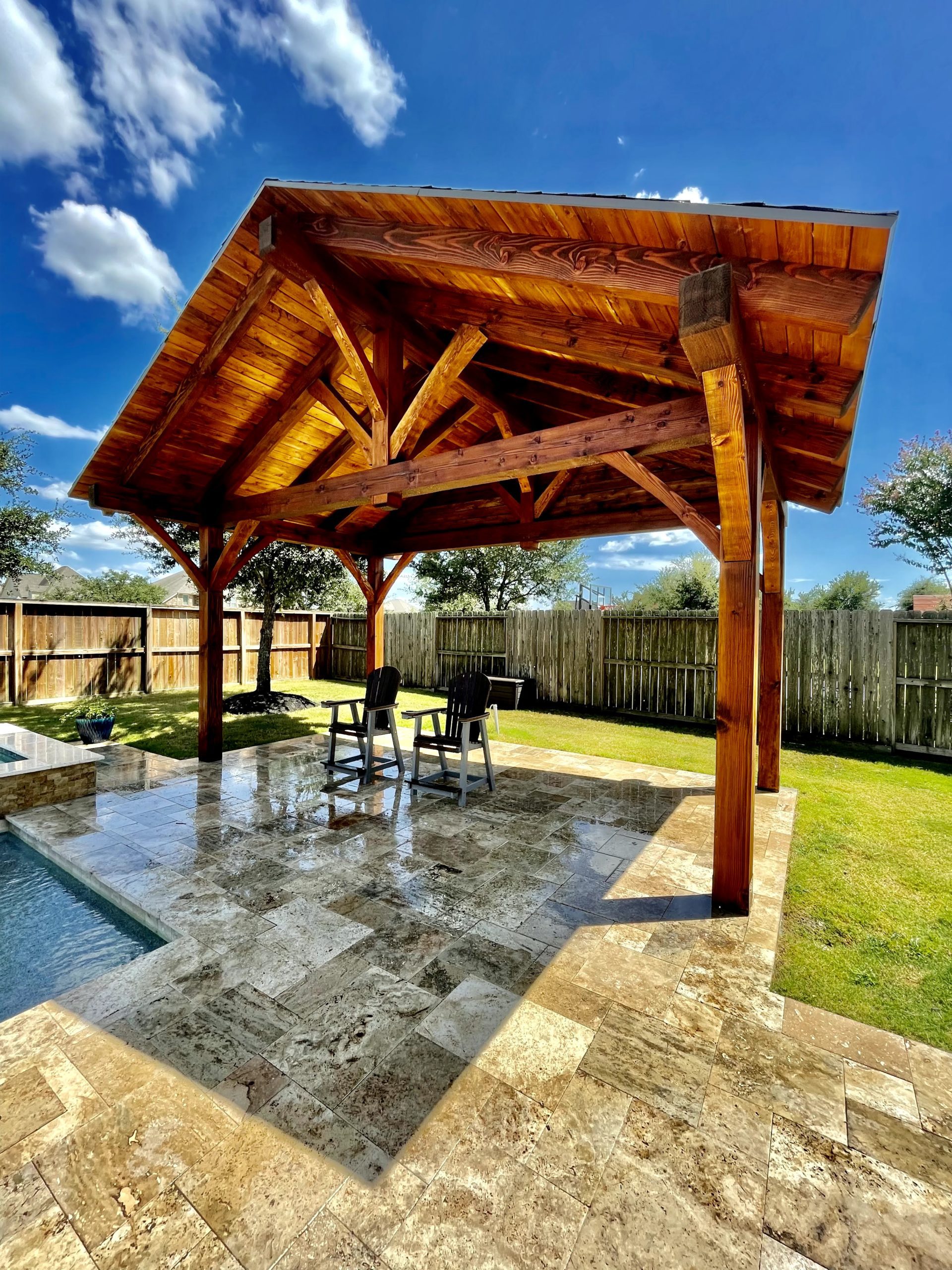 22x15, Cantilever, Rear Gable, Pavilion, Patios, Pool or Poolside, Patio Furniture, Cabana, Residential, Pavers, Cement or Concrete Pad, Garden Structure, Austin, Pre Fab, Outdoor Living