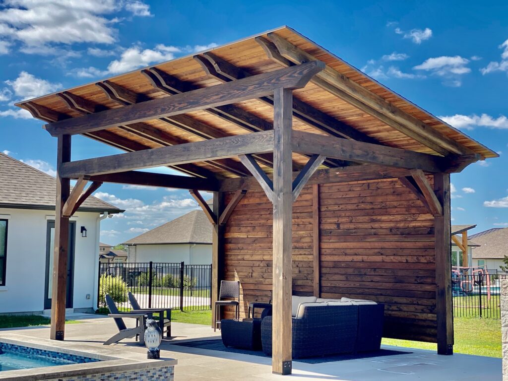 San Antonio, 16 x 20, heavy timbers, shingle roof, douglas fir, denali, double rafters, relaxing, poolside or swimming pool, cabana, private, shade structure, patio furniture, wood pavilion, pavilion kit