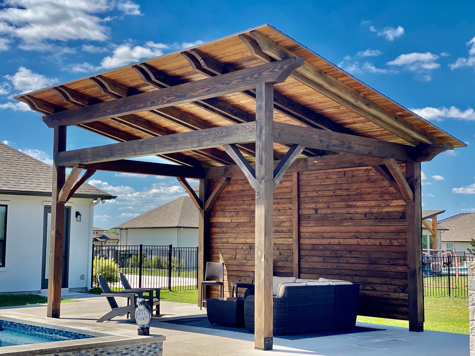 San Antonio, 16 x 20, heavy timbers, shingle roof, douglas fir, denali, double rafters, relaxing, poolside or swimming pool, cabana, private, shade structure, patio furniture, wood pavilion, pavilion kit