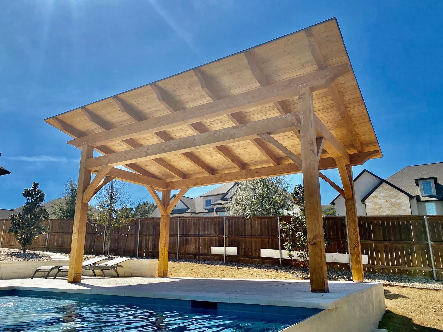 Houston, 18'x14'; heavy timbers, shingle roof, cedar, poolside or swimming pool, patio furniture, concrete or cement, pool, cabana, pavilion kit, free standing pavilion, pre fab, post and beam, shade structure