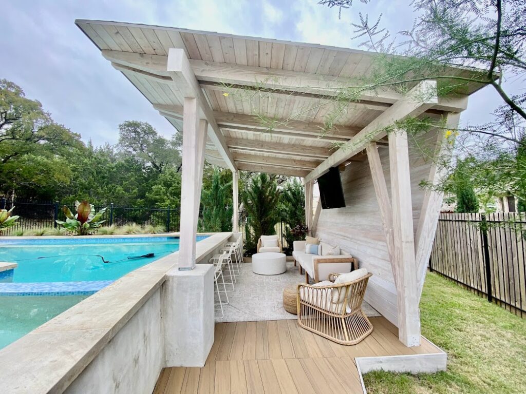 Marble Falls, 10x12, shingle roof, douglas fir, modern, chic cabana, poolside or swimming pool, outdoor living, post and beam, timber frame pavilion, backwall, entertaining, pre fab, designs, costs