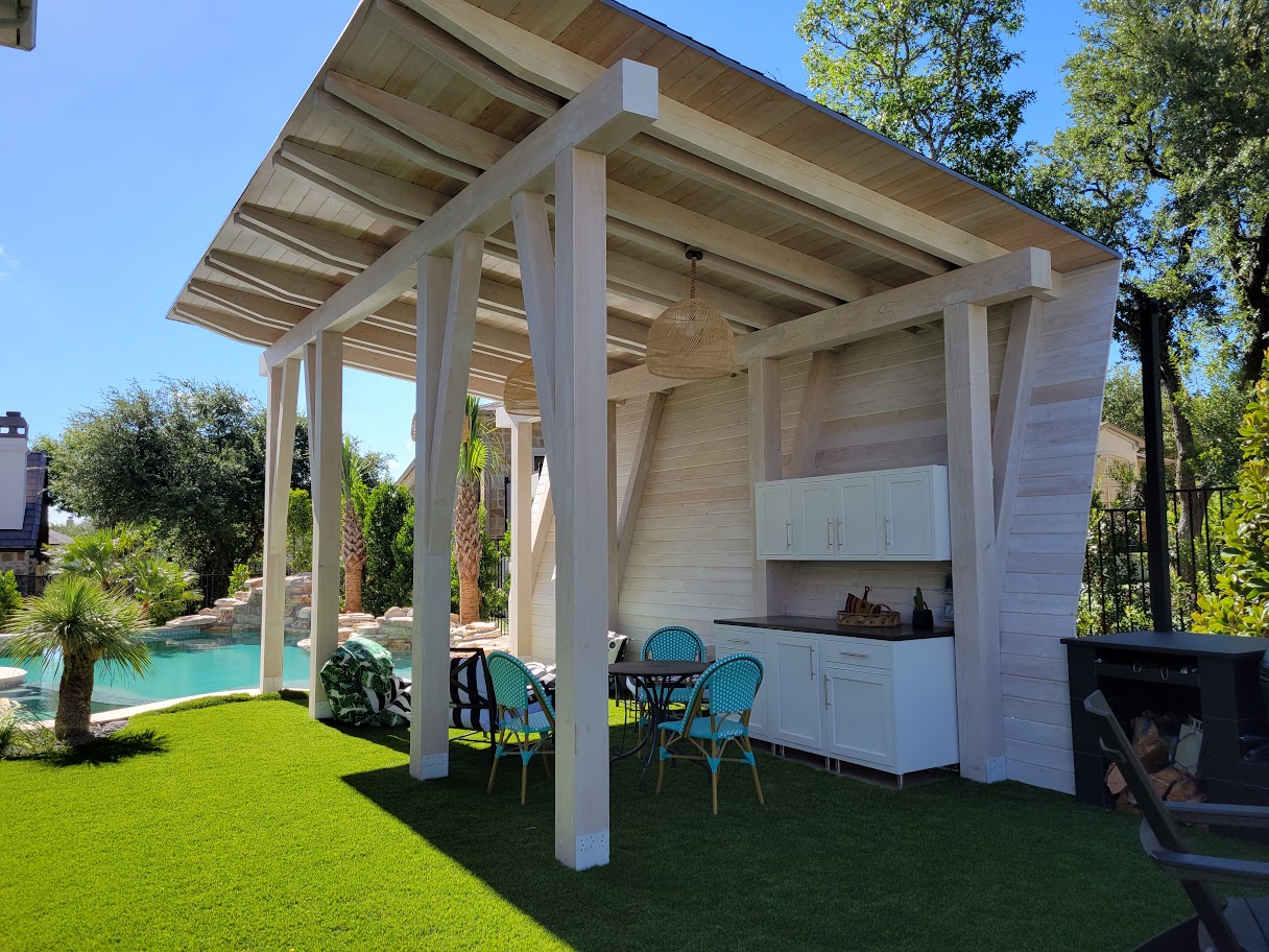 Fredericksburg, 20'x16', heavy timbers, cedar, modern, free standing pavilion, relaxing, secluded cabana, residential, poolside or swimming pool, pavilion with backwall, pavilion kit, shade structure, shingle roof, garden structure