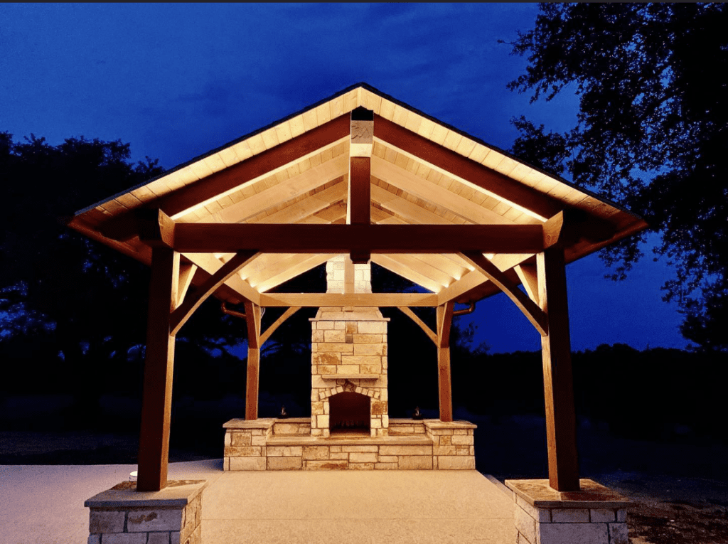 Boerne, 18' x 14', heavy timbers, shingle roof, douglas fir, king post, concrete or cement, kitchen or outdoor kitchen, firepit or fireplace, covered patio, free standing pergola, shade structure, designs, wood pavilion, lighting