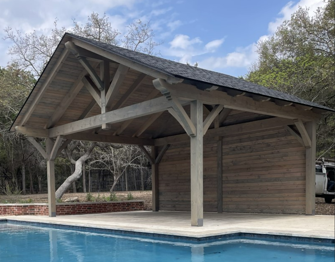 Round Rock, 20' x 20', heavy timbers, shingle roof, douglas fir, king post, cantilever, free standing pavilion, poolside or swimming pool, cabana, cement or concrete, shade structure, secluded pavilion, covered patio