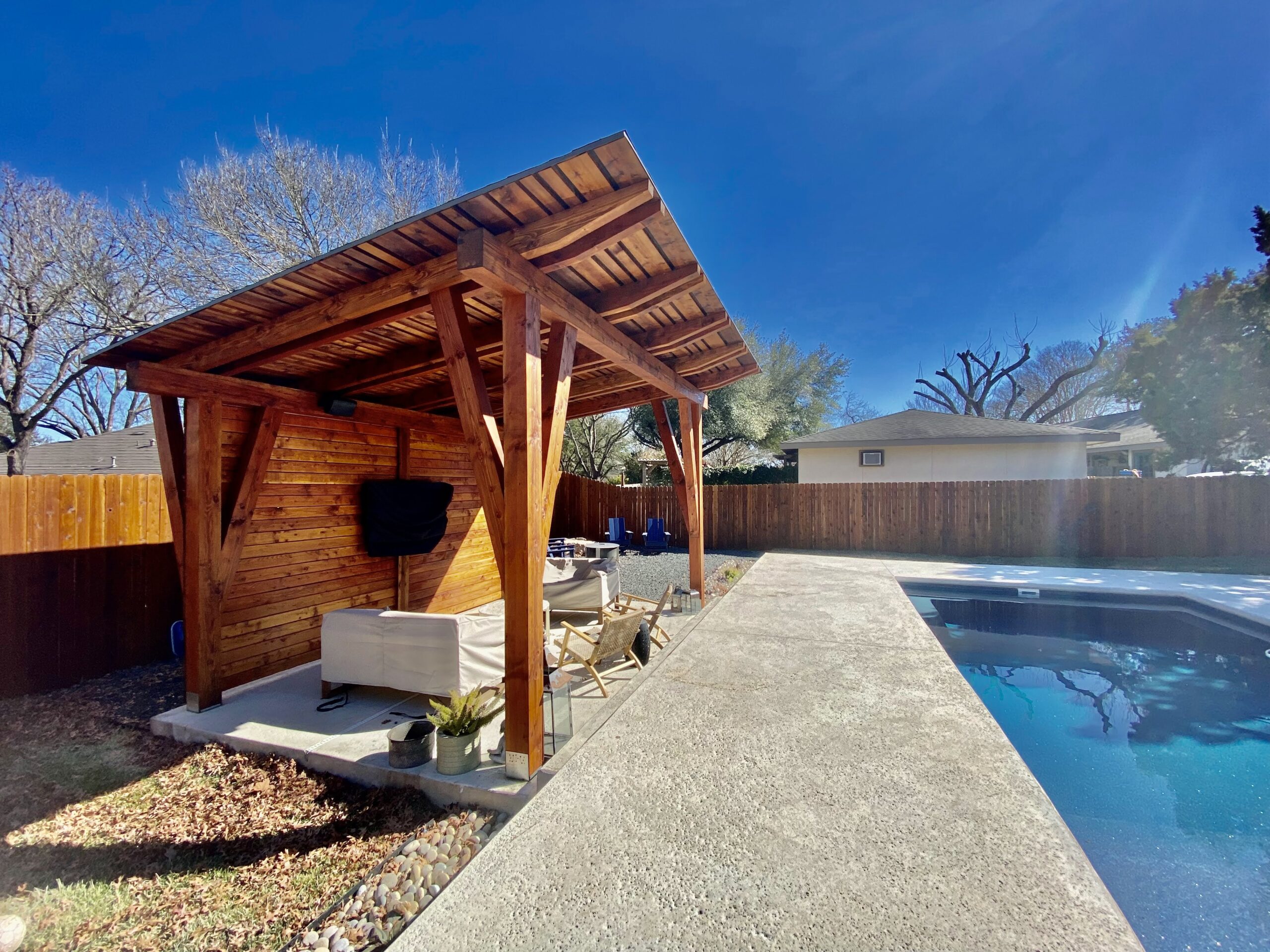 Dripping Springs, 12 x 16, heavy timbers, shingle roof, cedar, contemporary, pavilion kit, free standing pavilion, cement or concrete pad, backwall, free standing pavilion, cabana, post and beam, builder/contractor, residential