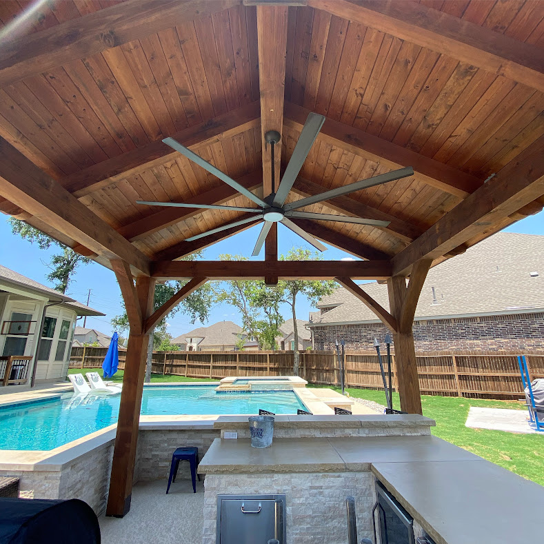 College Station, 12'x12', heavy timbers, shingle roof, cedar, king post, poolside or swimming pool, private cabana, pool house, outdoor kitchen or kitchen, residential, outdoor living, entertaining, shade structure, builder/contractor