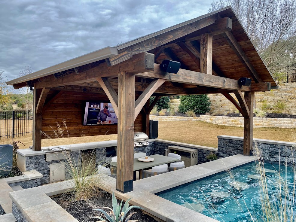 Leander, Austin, pavilion, cabana, poolside, outdoor kitchen, outdoor living, wooden covering,