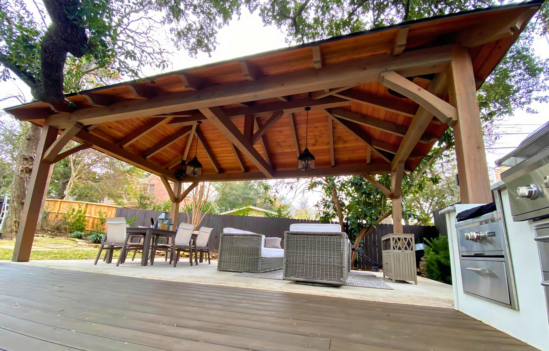 San Antonio, Texas, outdoor kitchen, shade, pavilion, outdoor living, outdoor dining, entertaining, pavilion lights, patio furniture, outdoor furniture