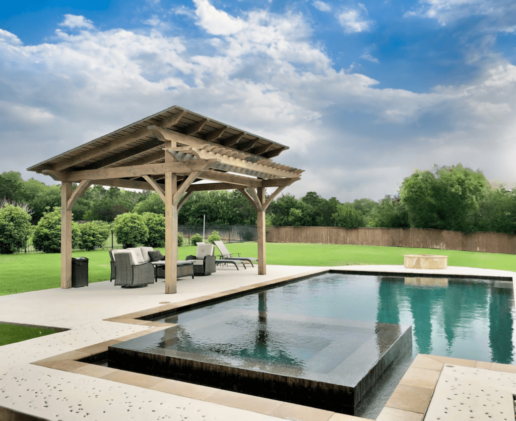 19x16, Contemporary, arbor, extension, outdoor, backyard, residential, patio furniture, pool or poolside, cement or concrete pad, cover, freestanding, San Antonio, Helotes, custom stain