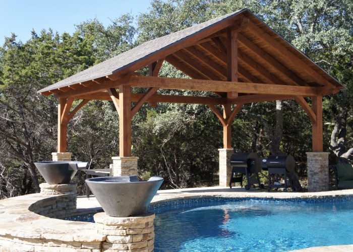 23 x 17, concrete or cement pad, patio furniture, kitchen or outdoor kitchen, barbecue or grill, residential, poolside or swimming pool, cabana, outdoor living, entertaining, pool house, shade structure, pavilion builder or pavilion contractor, pavilion kit, wood pavilion