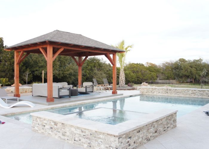15’x21’, Full Hip Pavilion, shingle, concrete or concrete pad, patio furniture, residential, covered patio, poolside or swimming pool, hot tub, cabana, outdoor living, entertaining, free standing pavilion, Austin, pool house