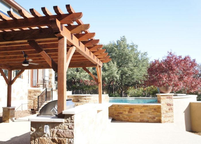 pergola, cement or concrete pad, barbecue or grill, kitchen or outdoor kitchen, residential, garden structure, poolside or swimming pool, cabana, outdoor living, entertaining, pergola kit, free standing pergola, leander, austin