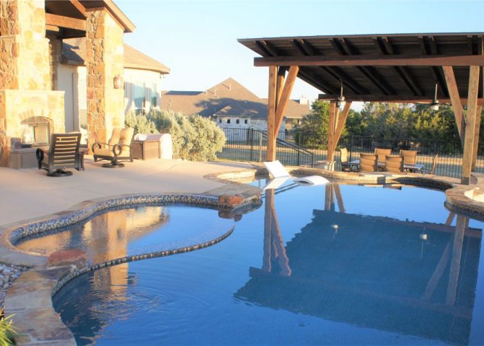 20x23, Driftwood, Austin, Standing Seam Metal roof or R Panel Metal Roof, Modern Pavilion, Patio furniture, cement or concrete pavers, cabana, poolside or swimming pool, outdoor living, entertaining, firepit or fireplace, kitchen or outdoor kitchen, covered patio, pool house