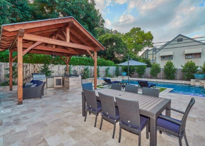 14x14, Alamo Heights, San Antonio, Poolside or swimming pool, cabana, kitchen or outdoor kitchen, residential, cedar pavilion, douglas fir, patio furniture, cement or concrete pad, covered patio, pool house, ideas, pavilion plans