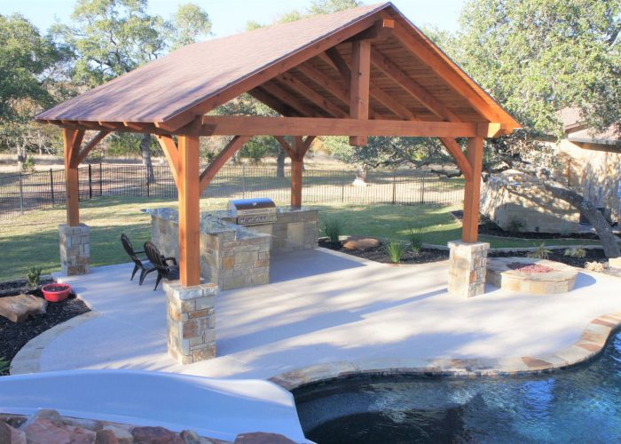 21x21, Heavy Timber, Cement or concrete pad, barbecue or grill, kitchen or outdoor kitchen, patio furniture, residential, cabana, outdoor living, entertaining, firepit or fireplace, pool house, Austin, dripping springs, free standing pavilion