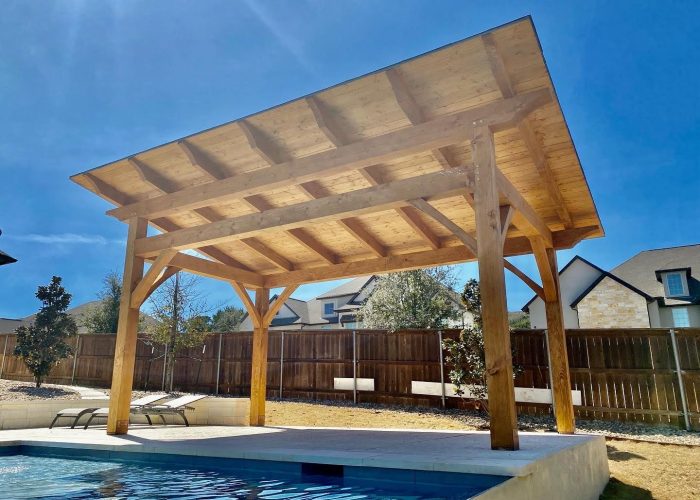 Houston, 18'x14'; heavy timbers, shingle roof, cedar, poolside or swimming pool, patio furniture, concrete or cement, pool, cabana, pavilion kit, free standing pavilion, pre fab, post and beam, shade structure