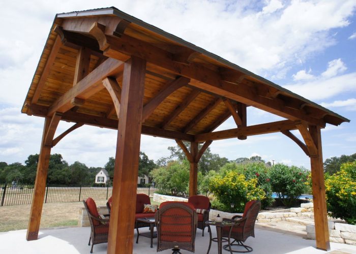 17’ x 19’, King Post, Heavy Timbers, Cement or concrete Pad, patio furniture, residential, covered patio, outdoor living, entertaining, builder/contractor, san Antonio, helotes, free standing pavilion, designs, post and beam