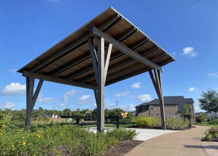 Corpus Christi, 20x20, heavy timbers, galvalume standing seam metal roof or R panel metal roof, douglas fir, modern, commercial, HOA, neighborhood park, free standing pavilion, shade structure, cement or concrete, park covers, pre fab, builder/contractor