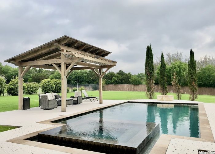 19x16, Contemporary, arbor, extension, outdoor, backyard, residential, patio furniture, pool or poolside, cement or concrete pad, cover, freestanding, San Antonio, Helotes, custom stain
