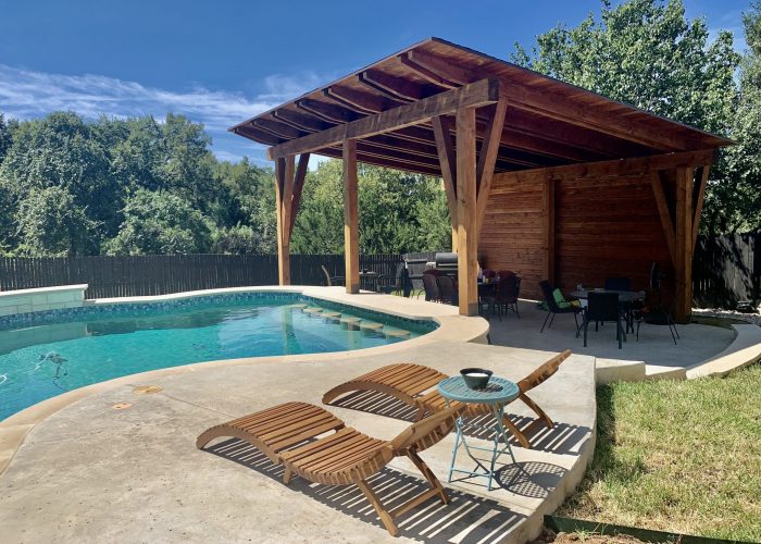 24x23, Modern Pavilion, Heavy Beam, Back wall, cedar, douglas fir, barbecue or grill, outdoor kitchen, Austin, Georgetown, Shingle roof, cement or concrete pad, pool or poolside, cabana, covered patio