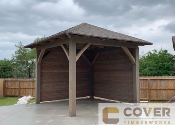 15x15, backwall, side wall, square pavilion, concrete or cement pad, residential, cement or concrete pad, garden structure, covered patio, outdoor living, entertaining, heavy timbers, San Antonio, cedar pavilion, douglas fir pavilion