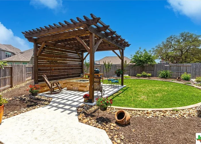 Kerrville, 14'x12', cedar, cement or concrete pad, patio furniture, barbecue or grill, residential, backwall, outdoor living, pergola kit, timber frame pergola, free standing pergola, pre fab, shade structure, building/contractor