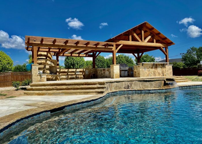 Austin, 16' x 20', heavy timbers, shingle roof, cedar, queen post half hip, pavilion with pergola, tranquil, pavers, cement or concrete pad, barbecue or grill, kitchen or outdoor kitchen, firepit or fireplace, cabana, free standing pavilion