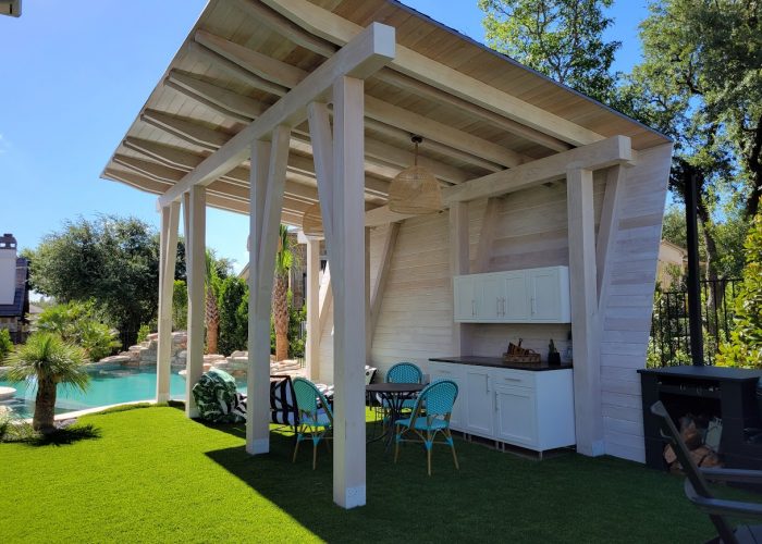 Fredericksburg, 20'x16', heavy timbers, cedar, modern, free standing pavilion, relaxing, secluded cabana, residential, poolside or swimming pool, pavilion with backwall, pavilion kit, shade structure, shingle roof, garden structure