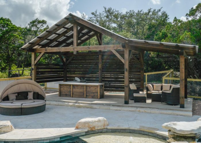 35x15, Austin, Pulins, Standing seam metal roof or R Panel Metal Roof, Pavilion with Lean-To, Heavy Timbers, Outdoor Living, Patio Furniture, Poolside or Swimming pool, back wall, side wall, Pool House, Cabana, Free Standing Pavilion