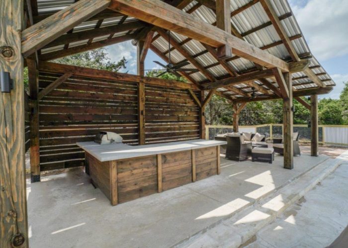 35x15, Austin, Outdoor Kitchen or kitchen, Standing seam metal roof or R Panel Metal Roof, Pavilion with Lean-To, Heavy Timbers, Outdoor Living, Patio Furniture, Poolside or Swimming pool, back wall, side wall, Pool House, Cabana, Free Standing Pavilion