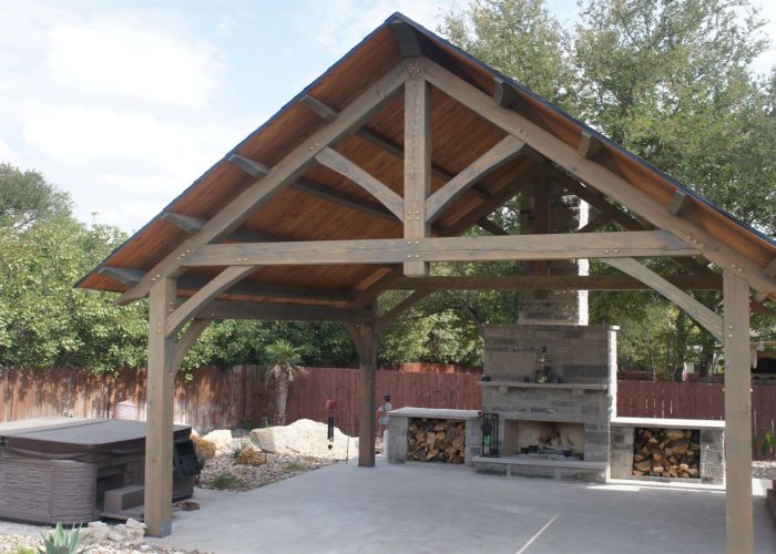 18x18, Austin, Marble Falls, Raised Collar, Raised collar Pavilion, Fireplace or firepit, Hot tub, covered patio, outdoor living, entertainment, pavilion kit, shade structure, pavilion builder or pavilion contractor, cabana, cedar pavilion