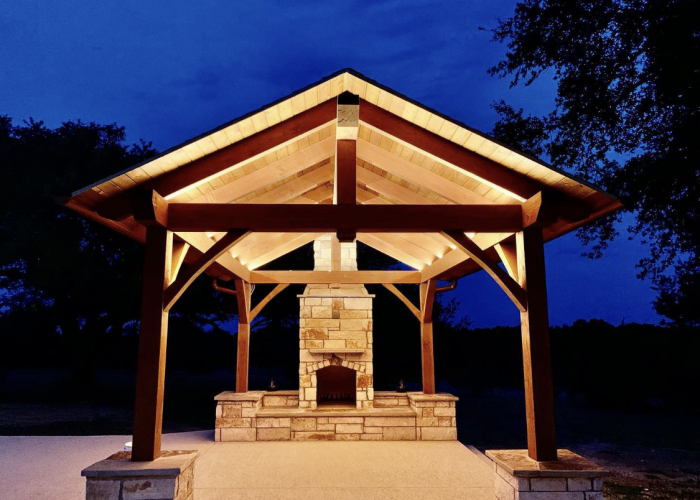 Boerne, 18' x 14', heavy timbers, shingle roof, douglas fir, king post, concrete or cement, kitchen or outdoor kitchen, firepit or fireplace, covered patio, free standing pergola, shade structure, designs, wood pavilion, lighting