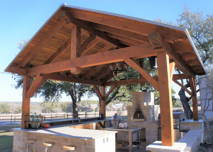 19x19, king post, patio furniture, barbecue or grill, kitchen or outdoor kitchen, firepit or fireplace, residential, garden structure, cabana, outdoor living, entertaining, free standing pavilion, post and beam, builder/contractor, austin