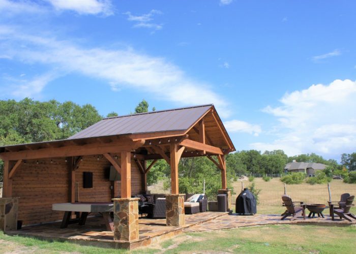 29’ x 23’, 19x33, New Braunfels, Standing Seam Metal roof or R Panel Metal Roof, Pavilion with Lean-To; Heavy Timbers; cement or concrete pad, patio furniture, barbecue or grill, kitchen or outdoor kitchen, covered patio, backwall, outdoor living, entertaining, free standing pavilion, pavilion kit