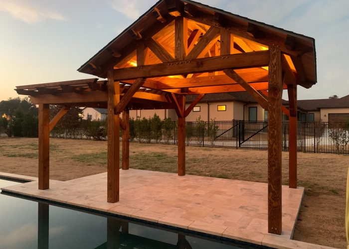 knife blade, Houston, 12' x 12', heavy timbers, shingle roof, douglas fir, queen post half hip, pavilion with pergola, lighting, pavers, free standing pavilion, shade structure, poolside or swimming pool, builder/contractor, covered patio
