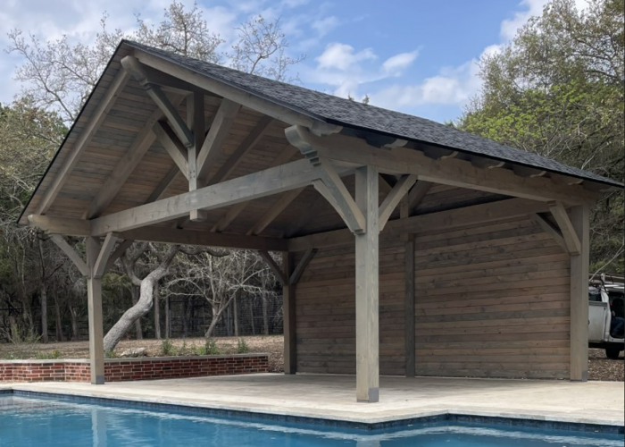 Round Rock, 20' x 20', heavy timbers, shingle roof, douglas fir, king post, cantilever, free standing pavilion, poolside or swimming pool, cabana, cement or concrete, shade structure, secluded pavilion, covered patio