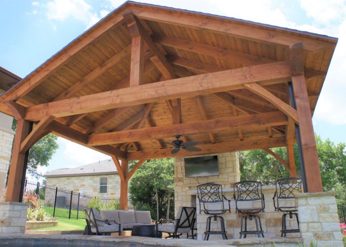 22x19, Leander, King Post Half Hip, Heavy Timbers, Kitchen or outdoor kitchen, outdoor living, covered patio, cabana, entertaining, garden structure, pavilion kit, pre fav, Austin, builder/contractor, pool house